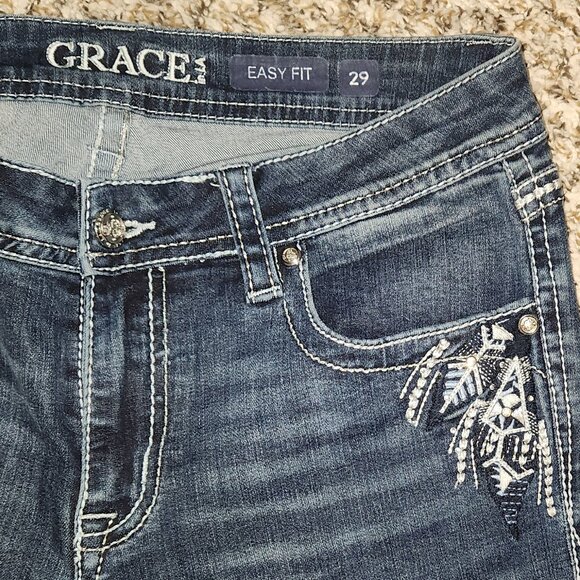 Grace in LA Women’s Easy Fit Mid-Rise Bootcut Jeans Feather Embroidery Bling Siz - Picture 4 of 14